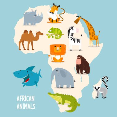 Yazdır. Hayvanlı Afrika 'nın vektör haritası. Çocuklar için kart. Vahşi hayvanlar. Vektör karikatür hayvanları kümesi. Timsah, fil, aslan, gergedan, zürafa, goril, köpekbalığı, lemur, kaplumbağa, zabra, deve.