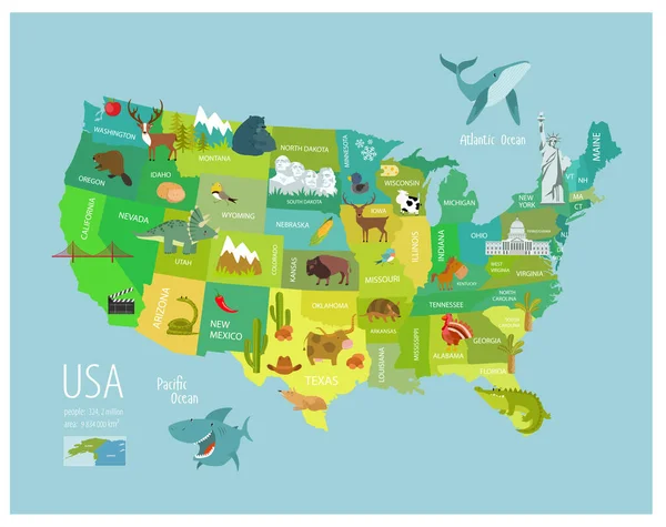 Impresión Mapa Vectorial América Del Norte Con Animales Puntos Referencia — Archivo Imágenes Vectoriales