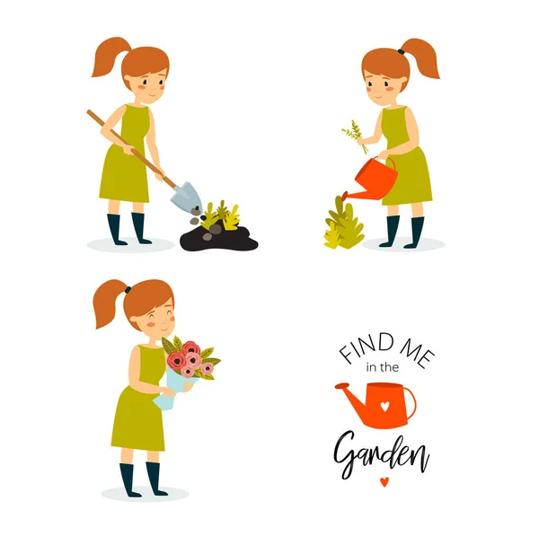 Print Vector Set Gardener Girl Beautiful Girl Planting Flowers Watering — Stock Vector