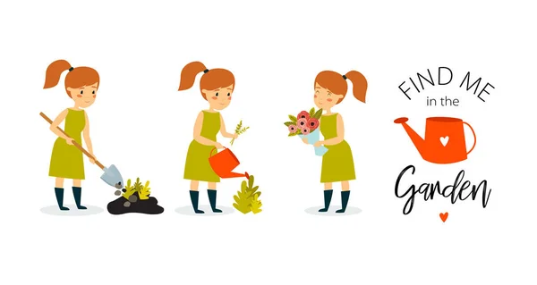 Print Vector Set Gardener Girl Beautiful Girl Planting Flowers Watering — Stock Vector