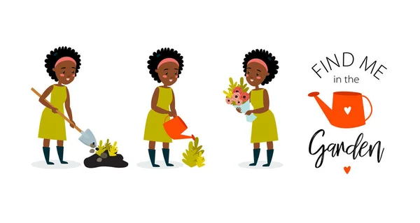 Yazdır Bir Bahçıvan Kızla Vektör Ayarlandı Güzel Afrikalı Amerikalı Kadın — Stok Vektör