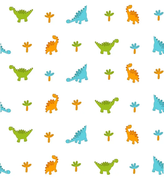 Print Vector Pattern Cartoon Dinosaurs Colored Dinosaurs White Background Seamless — Stock Vector