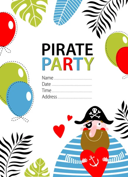 Une Empreinte Carte Vectorielle Lumineuse Avec Pirate Invitation Anniversaire Affiche — Image vectorielle