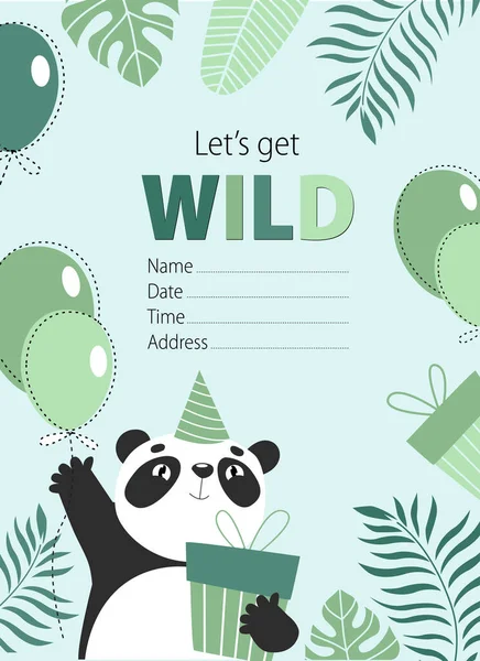 Print Vector Green Birthday Card Panda Balloon Birthday Invitation Poster — Stock Vector