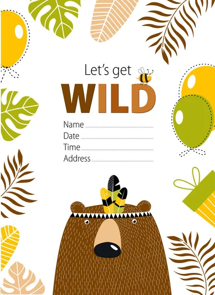 Εκτύπωση Διανυσματική Κάρτα Αρκούδα Πρόσκληση Γενεθλίων Αφίσα Καρτ Ποστάλ Παιδικό — Διανυσματικό Αρχείο