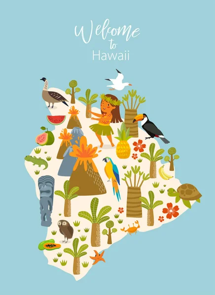 Afdrukken Vector Poster Welkom Hawaï Hawai Kaart Dieren Planten Van — Stockvector