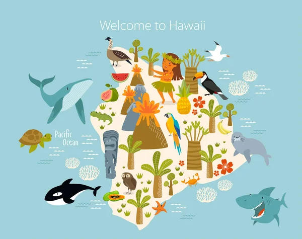 Afdrukken Vector Poster Welkom Hawaï Hawai Kaart Dieren Planten Van — Stockvector