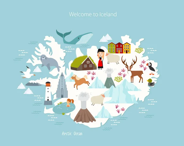 Nyomtatás Izlandi Vektortérkép Izland Állatai Látnivalói Reykjavik — Stock Vector