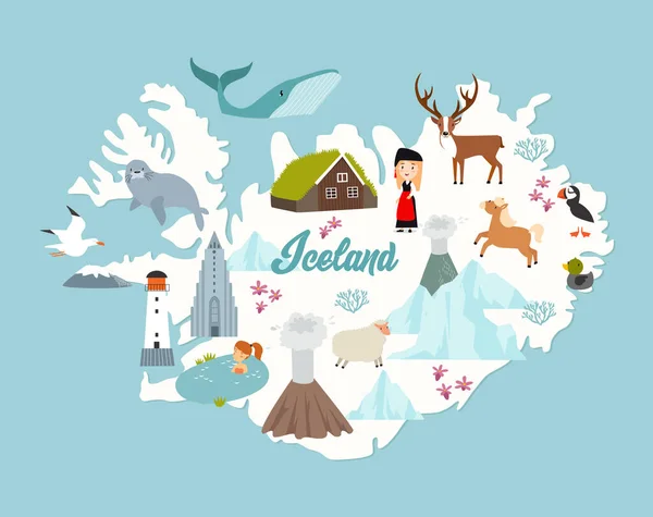 Afdrukken Vectoren Ijsland Kaart Poster Dieren Bezienswaardigheden Van Ijsland Reykjavik — Stockvector