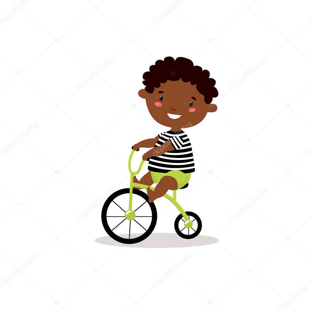 Print. little african boy on a bicycle. Vector illustration. Cartoon baby.