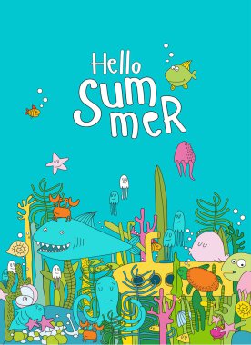 Yazdır. Bir sürü sualtı çizgi film karakteri olan vektör illüstrasyonu 