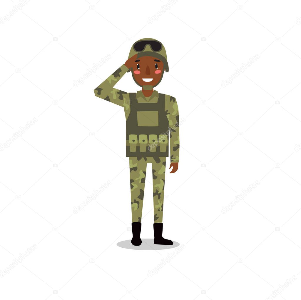 Print. Vector military soldier. African American military man. Cartoon character