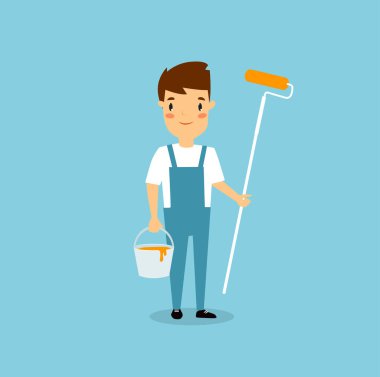 Yazdır. Boya silindirli ve kovalı vektör karikatür ressamı