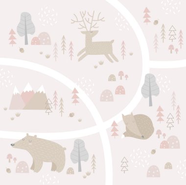 Yazdır. Hayvanlarla vektör ormanı çizimi. Çocuklar için halı. Çizgi film orman hayvanları. İskandinav geçmişi