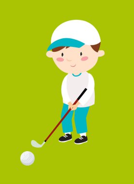 Yazdır. Çocuk golf oynuyor. Golf topu. Golf sopası. Çizgi film karakteri