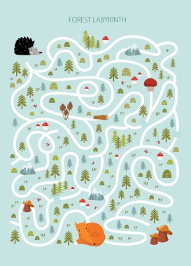 Labirenti olan çocuklar için Print Vector oyunu. Orman labirenti. Orman hayvanları. Kirpi, tilki. karikatür hayvanları.