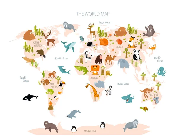 Print Vector Map World Cartoon Animals Kids Eurasia South America — Stock Vector