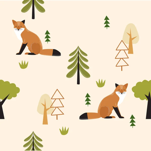 キツネとベクトルの森の背景 シームレスな背景 野生の自然 キツネは夏の森の中に座っている — ストックベクタ