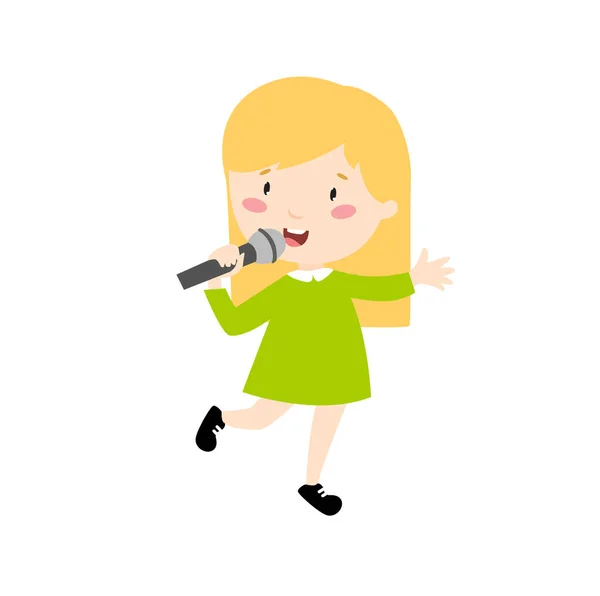 Impresión Chica Rubia Canta Chica Dibujos Animados Vestido Verde Niño — Vector de stock