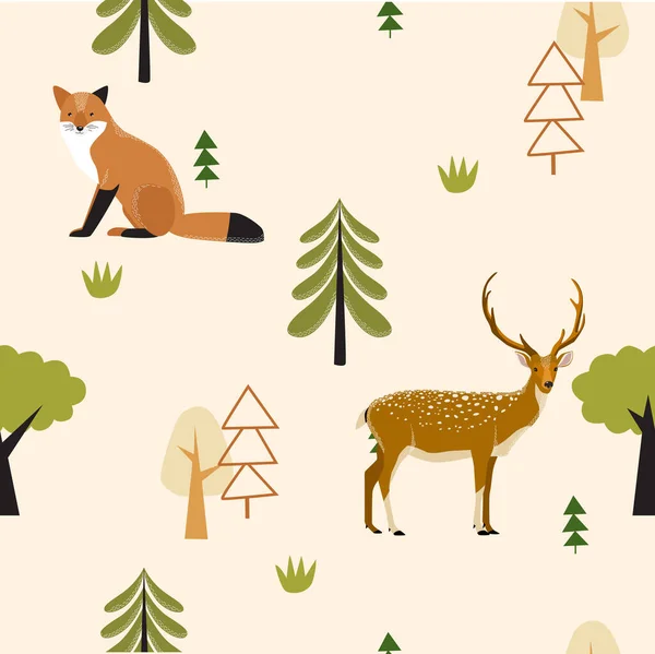 キツネと鹿とベクトルの森の背景 シームレスな背景 野生の自然 夏の森 — ストックベクタ