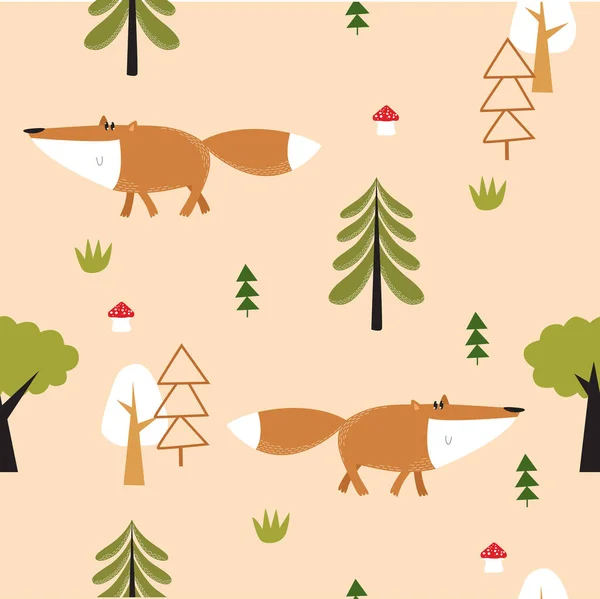 キツネとベクトルの森の背景 シームレスな背景 野生の自然 夏の森の狐 — ストックベクタ