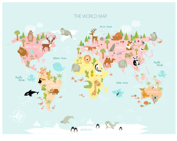 Impresión Mapa Vectorial Del Mundo Con Animales Dibujos Animados Para — Vector de stock