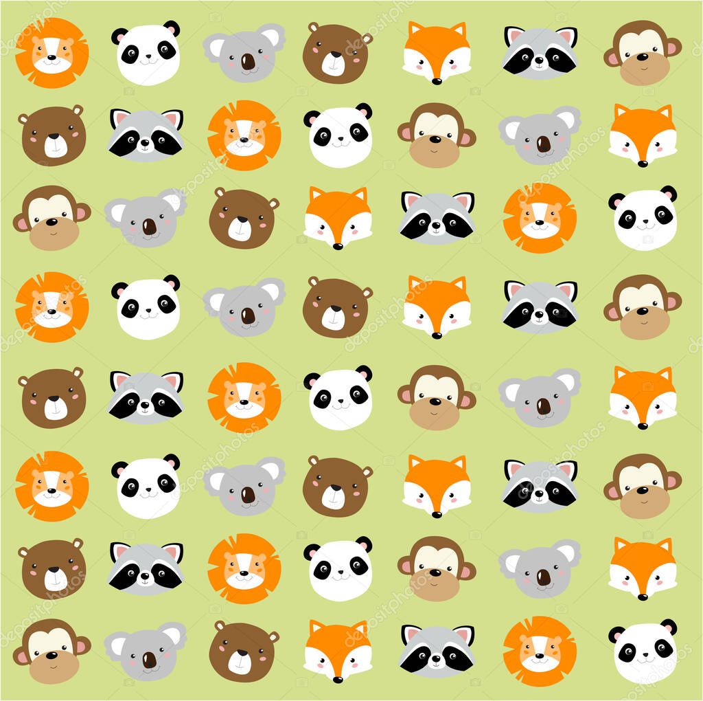 Print. Vector green background with animal faces. Animal heads. Fox, lion, bear, monkey, raccoon, koala.
