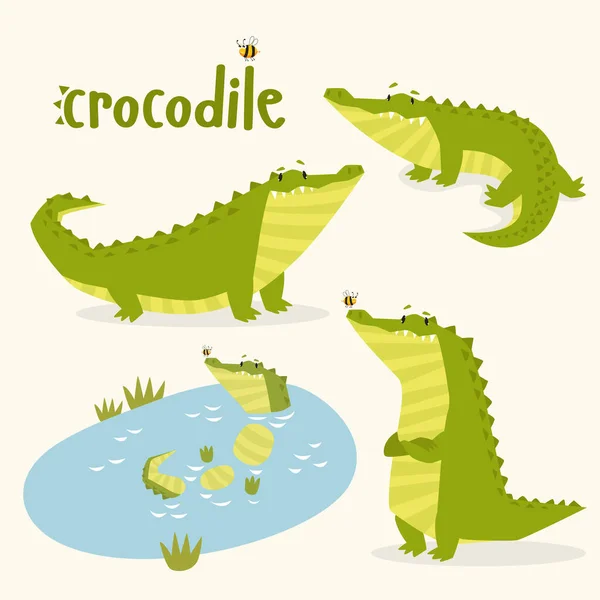 Une Empreinte Ensemble Vectoriel Crocodiles Crocodiles Bande Dessinée Personnage Bande — Image vectorielle