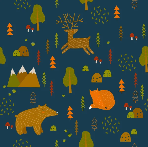 Impresión Fondo Del Bosque Vectorial Con Animales Animales Del Bosque — Vector de stock