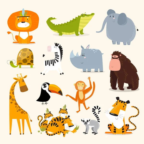 Impresión Set Animales Safari Animales Vectoriales Animales Salvajes Personajes Dibujos — Vector de stock