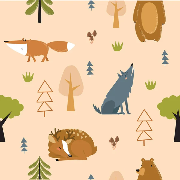 Une Empreinte Fond Forêt Vectorielle Avec Des Animaux Sauvages Peut — Image vectorielle