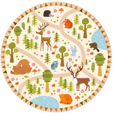 Yazdır. Hayvanlarla dolu bir orman labirenti. Çizgi film Ormanı Hayvanları. Ormandaki patika. Çocuklar için oyun. Çocuk oyun hasırı.