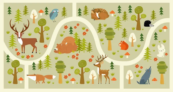 動物とベクトルフォレスト迷路 漫画の森動物 森の中へ 子供向けゲーム 子供の遊びマット — ストックベクタ