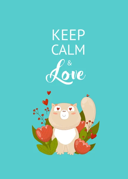 落ち着いて愛を保ちなさい 猫付きのポスター 猫は恋に落ちた バレンタインデー — ストックベクタ