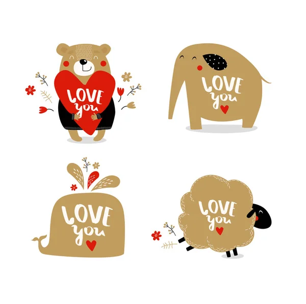 Nyomtatás Kártyák Vektorkészlete Aranyos Állatokkal Szeretlek Medve Bálna Bárány Elefánt — Stock Vector