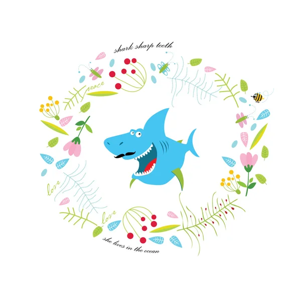 Květinové rám s žralok — Stockový vektor