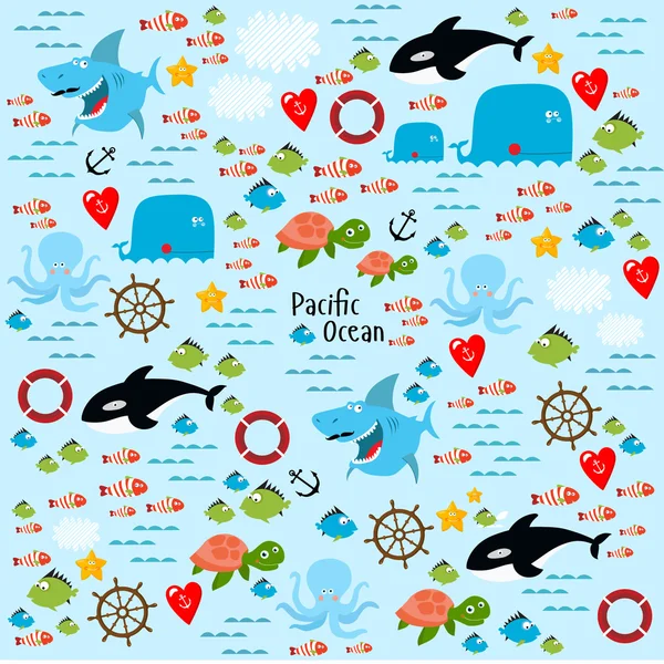 Océano Pacífico con animales marinos — Vector de stock