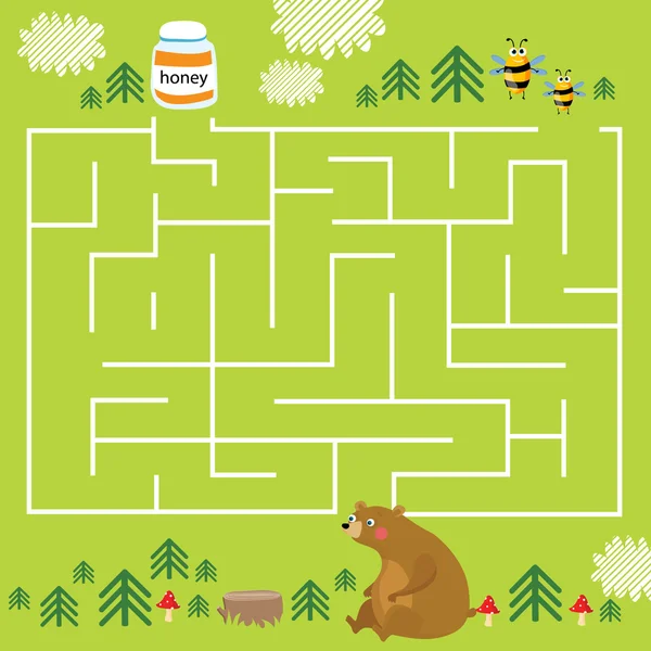 Crianças com um labirinto. Urso encontrar mel . — Vetor de Stock