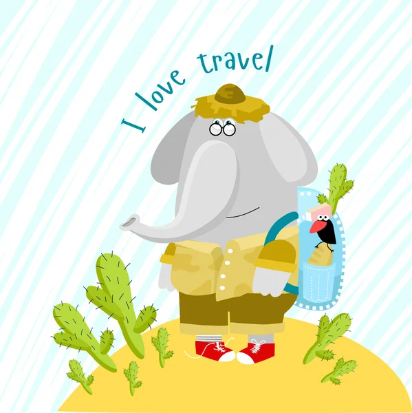 Elephant traveler - I love travel — Stock Vector