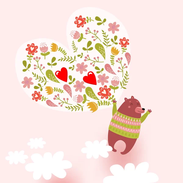 Bear and a floral heart — Stock Vector