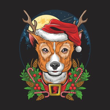 Noel geyiği Noel Baba şapkası takıyor. çok detaylı tasarım ve düzenlenebilir katmanlar