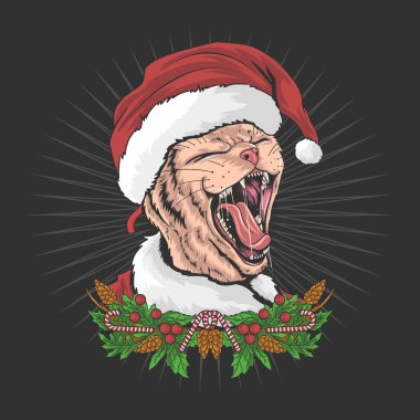 Noel Baba kedisi Noel Baba şapkası takıyor ve bağırıyor.