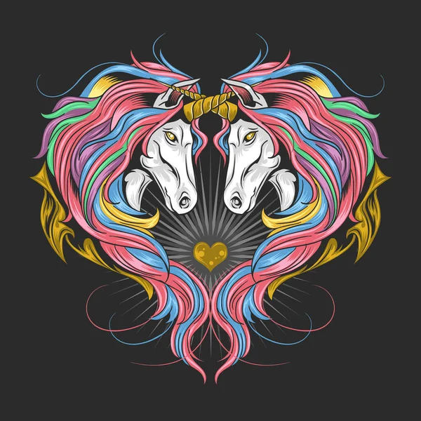 Eenhoorn Volledige Rainbow Spectrum Color Hair Twin Unicorns Maken Hart — Stockvector