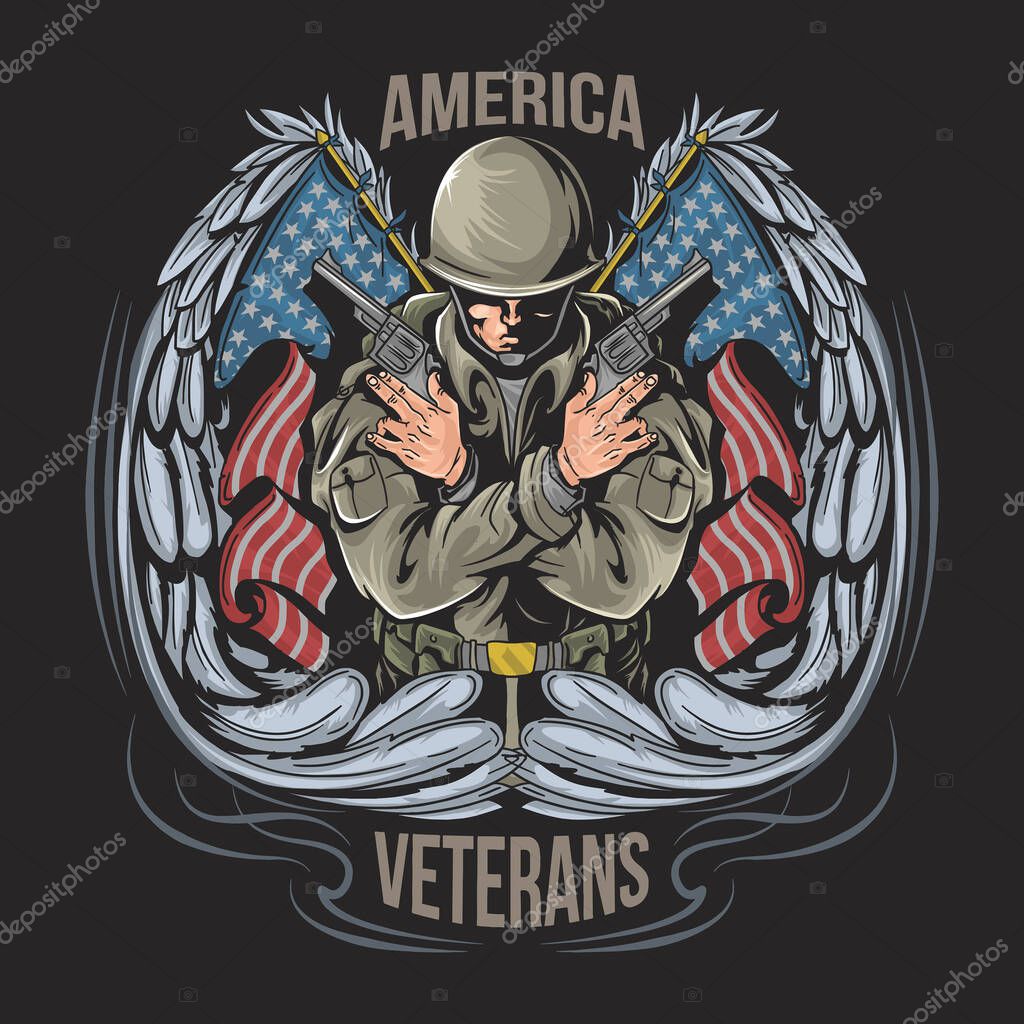 American veteran with wings and american flags artwork vector