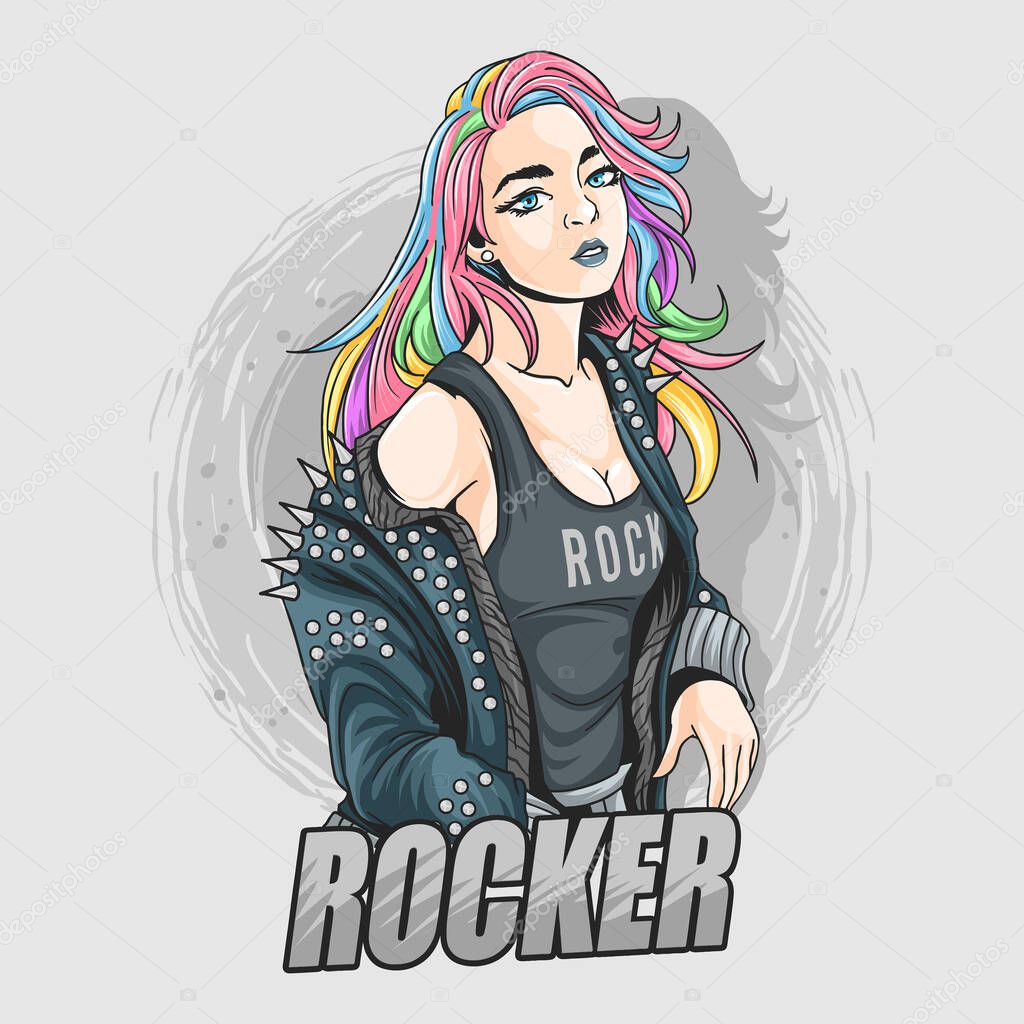 beautiful girl with colorful hair like unicorn or rainbow hair dress up rock n roll in spiked leather jacket.