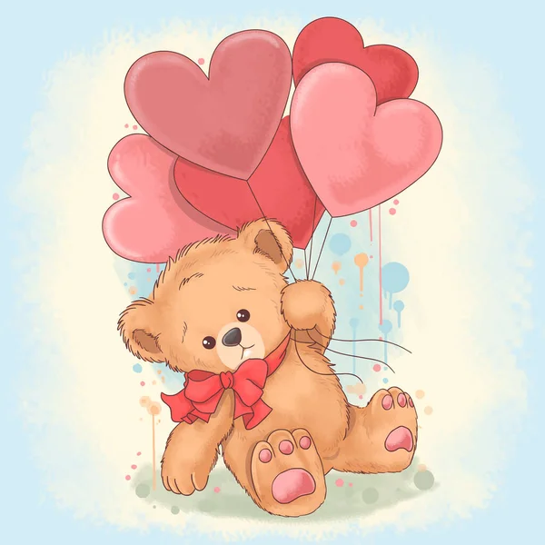Teddy Bear Holds Balloon Shaped Love Heart Vector Uses Watercolor — Stock Vector
