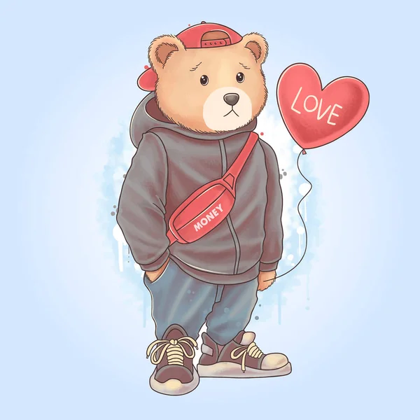 Teddy Bear Teddy Carrying Love Heart Balloon Wearing Sweater Sweatpants — Stock Vector