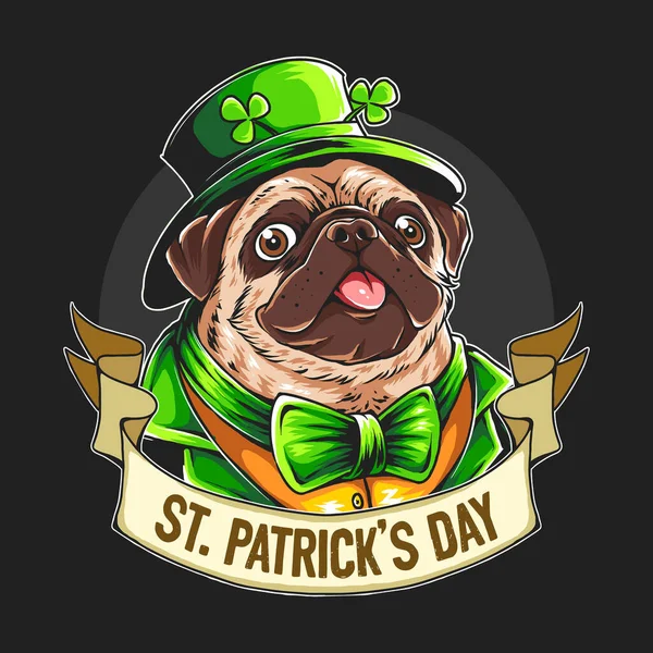 Patrick Day Pug Lleva Lazo Verde — Vector de stock