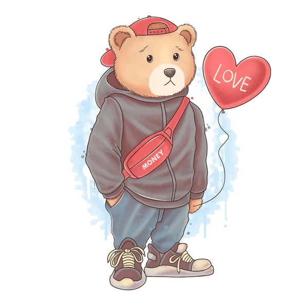 Teddy Bear Teddy Carrying Love Heart Balloon Wearing Sweater Sweatpants — Stock Vector