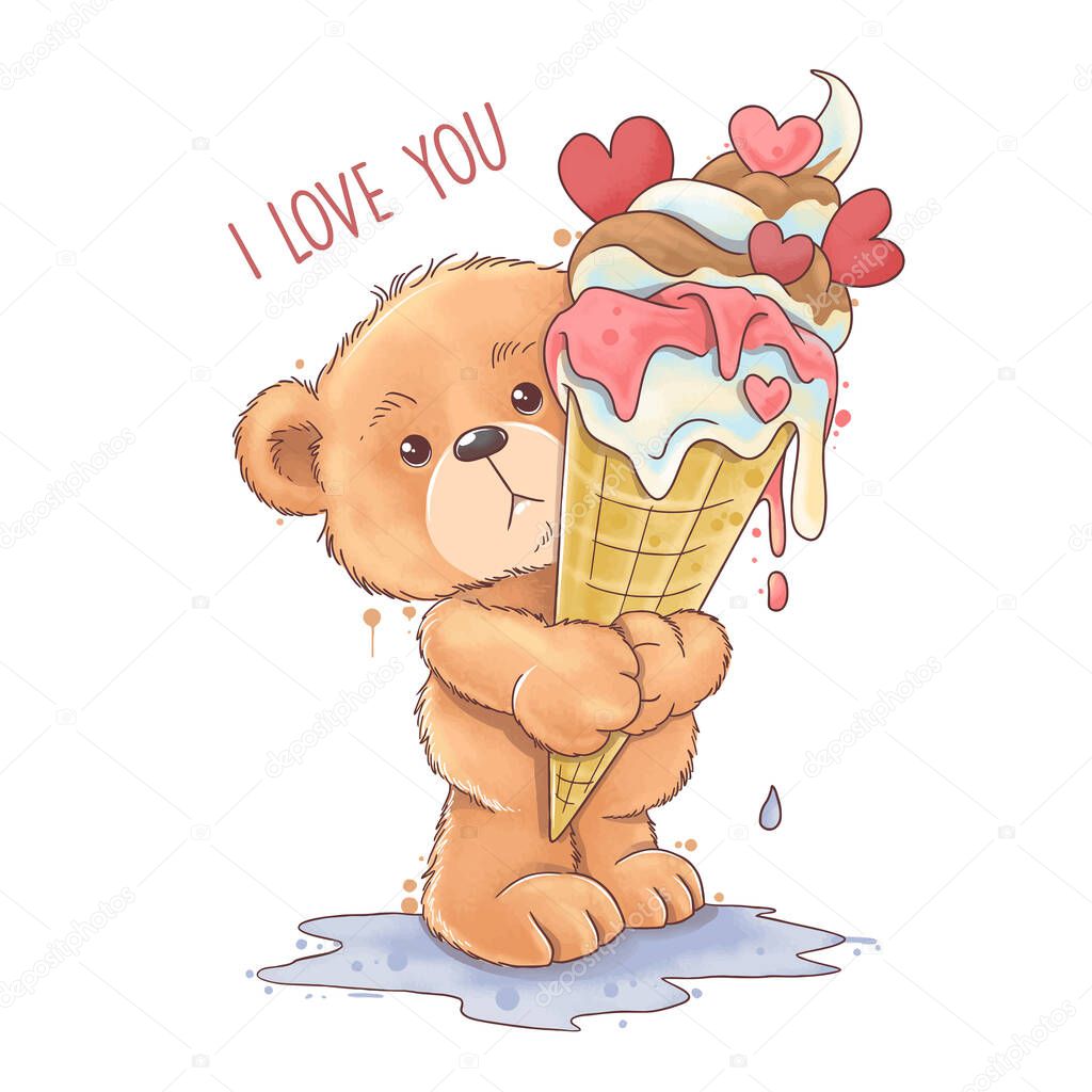 Bear Teddy holds a melting love heart ice cream vector